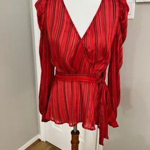 Jealous Tomato Red Gold Metallic Stripe Wrap Top - MED NWT